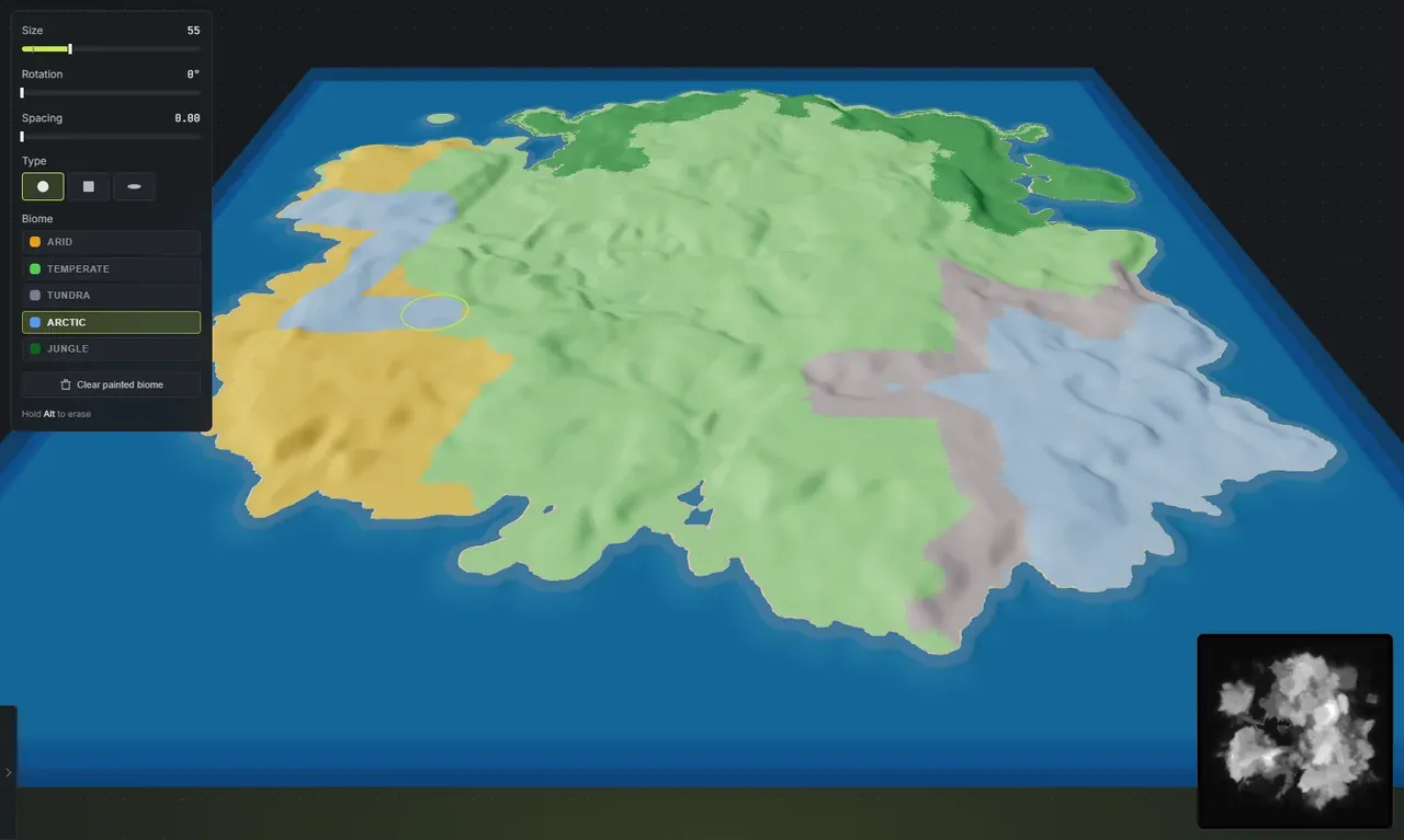Painting the Arctic biome onto a Rust custom map in Crucible Heightmap, the biome brush dock showing Arctic selected and a pale blue arctic stroke painted across the green temperate region with the round brush cursor on the terrain