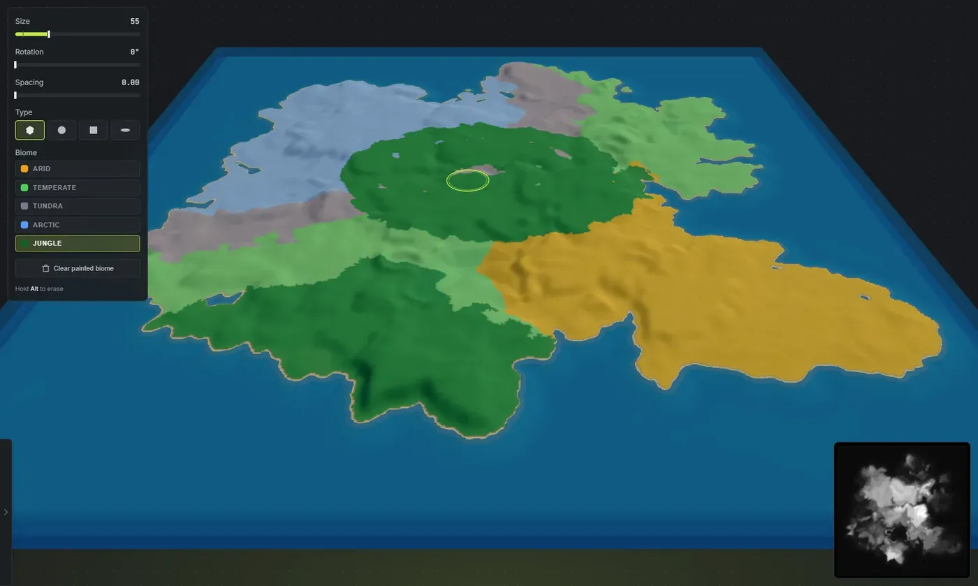 Painting the Arctic biome onto a Rust custom map in Crucible Heightmap, the biome brush dock showing the Fingered brush type and Arctic selected, with a pale blue arctic stroke painted across the green temperate region and the brush cursor ring on the terrain
