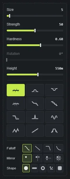 The Crucible Heightmap terrain brush dock: Size, Strength, Hardness, Rotation and Height sliders, the twelve sculpt brush glyphs, and the Falloff, Mirror and Shape rows