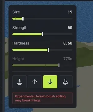 The Crucible Heightmap brush panel with Size, Strength, Hardness and Height sliders and the Flatten, Raise, Lower and Smooth brush types