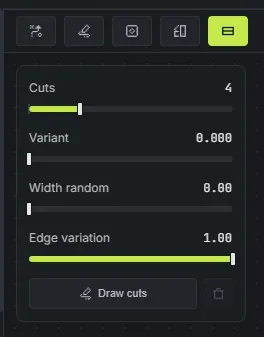 The Channels tool in Crucible Heightmap, its toolbar button and the dock with the Cuts, Variant, Width random and Edge variation sliders and the Draw cuts button