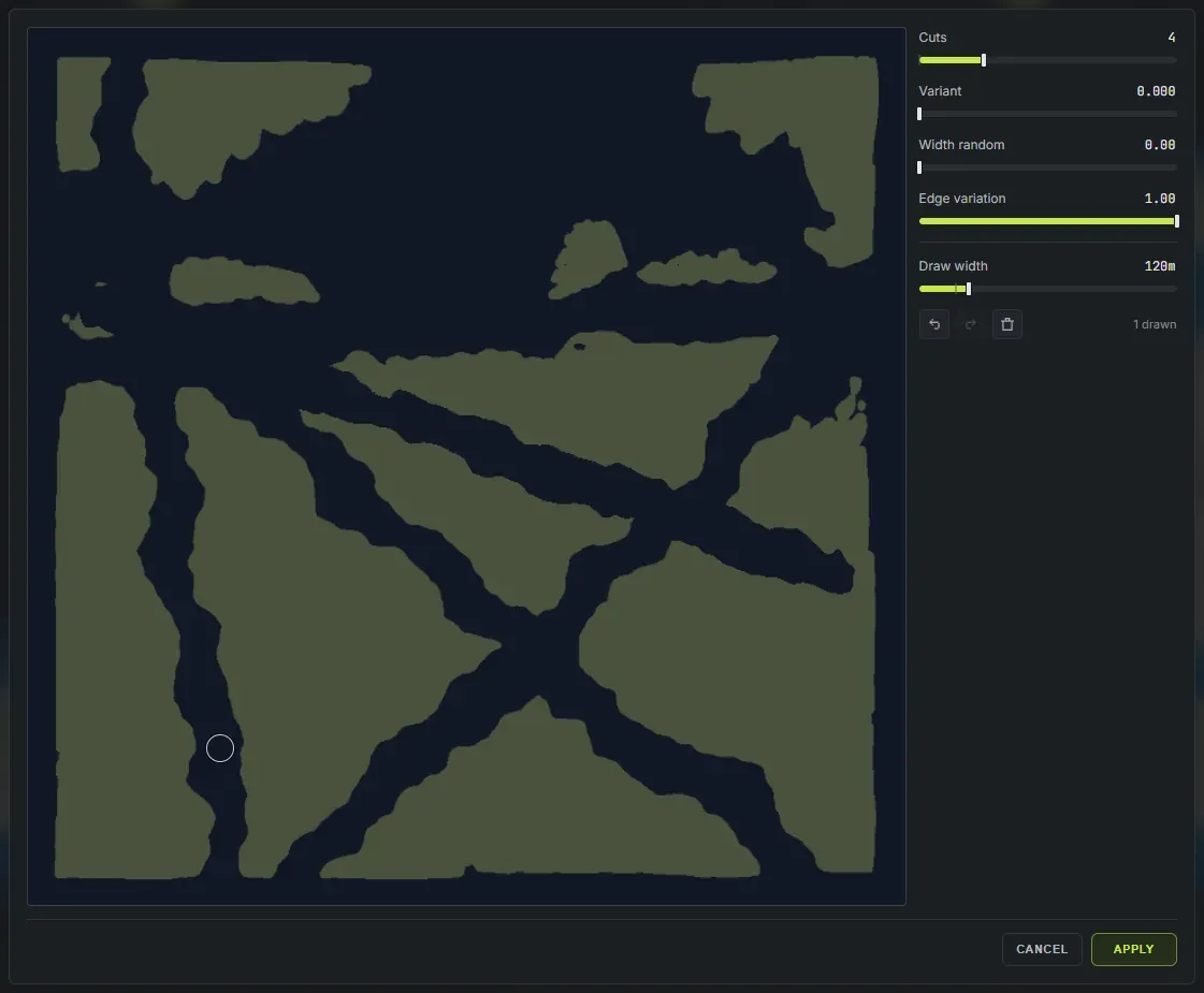 The channel drawing pad in Crucible Heightmap, the whole map with cut channels through it, the brush ring on the cursor and the channel sliders beside the canvas