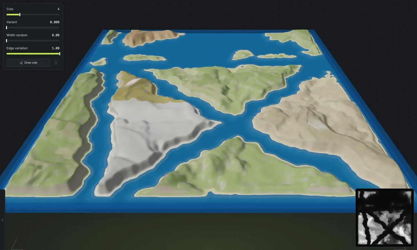 A custom Rust map in Crucible Heightmap with four channels of open water cut clean across it, splitting the land into separate islands with straits between them