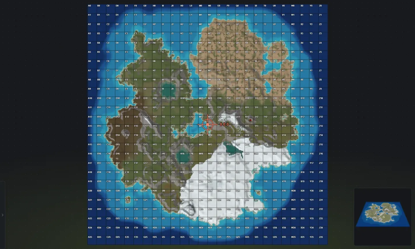The color map in the Crucible Heightmap 2D view: the map in its exported colors with the in-game grid and cell labels over it