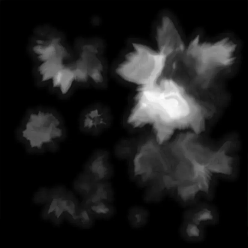 Top-down 16-bit heightmap of a multi-island Rust map in Crucible Heightmap, several separate islands spread across the map