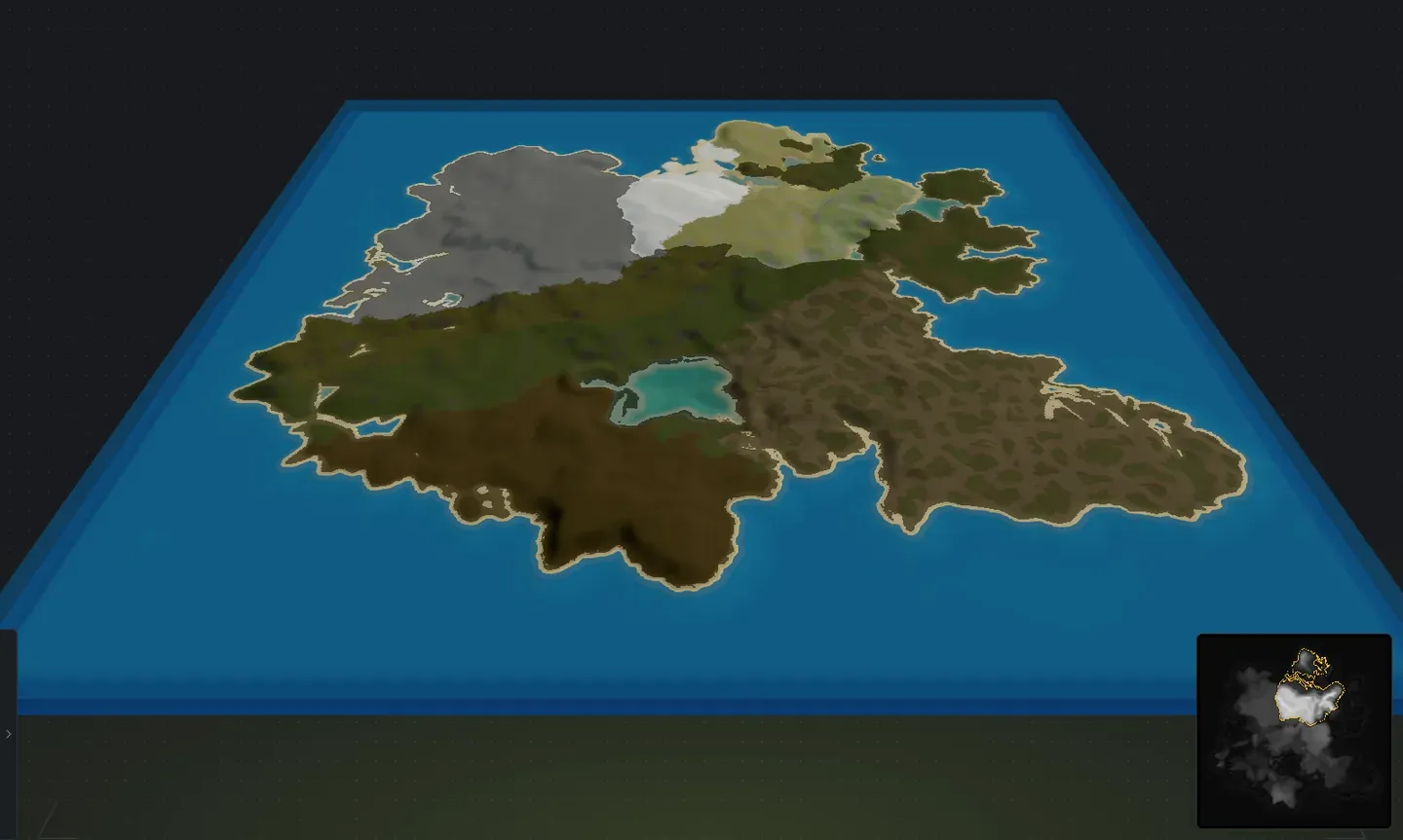A multi-island map in Crucible Heightmap with one island selected and outlined, ready to move, rotate, scale or re-roll on its own without disturbing the other landmasses