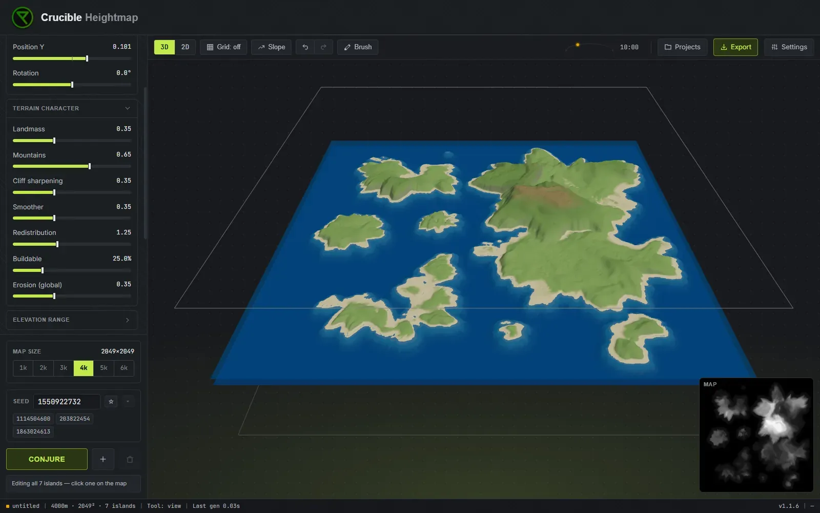 A custom Rust map in Crucible Heightmap made from several combined island seeds, shown as multiple separate landmasses in the 3D preview