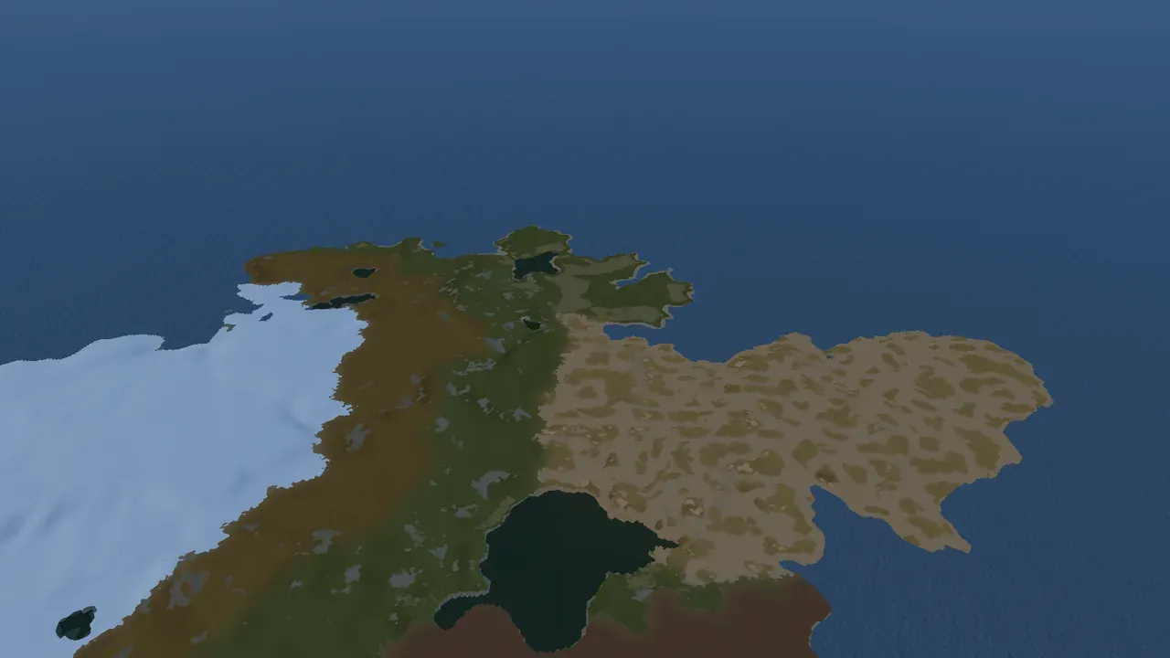 A Rust-tuned island generated in Crucible Heightmap, seen in the in-game 3D view with its coastline, beaches and hills above the water, ready to export for RustEdit