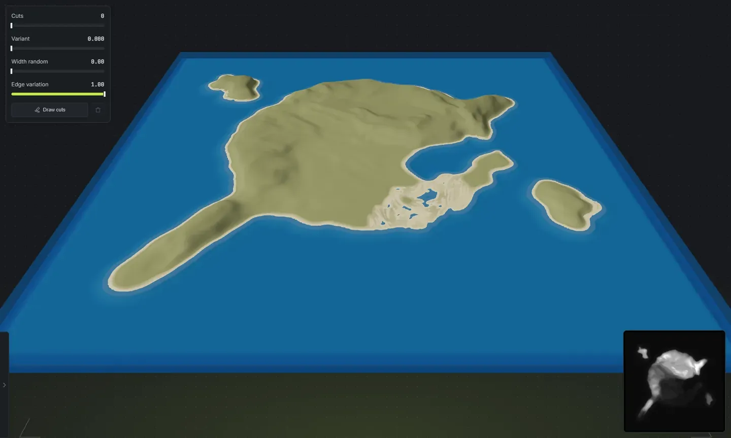 A hand-drawn island shape generated as a full Rust map with terrain, a spit, bays and offshore islets