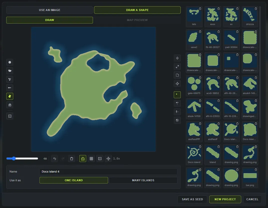 Drawing a custom Rust island outline in Crucible Heightmap, with brushes for the coast, peninsulas, islets and bays