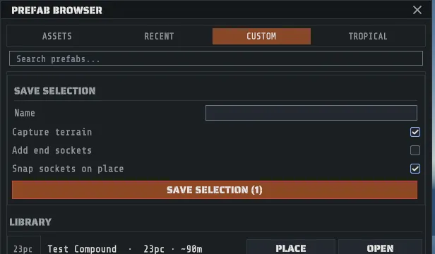 The CUSTOM tab: the save bar with its name field and options, and the library of saved packs below it