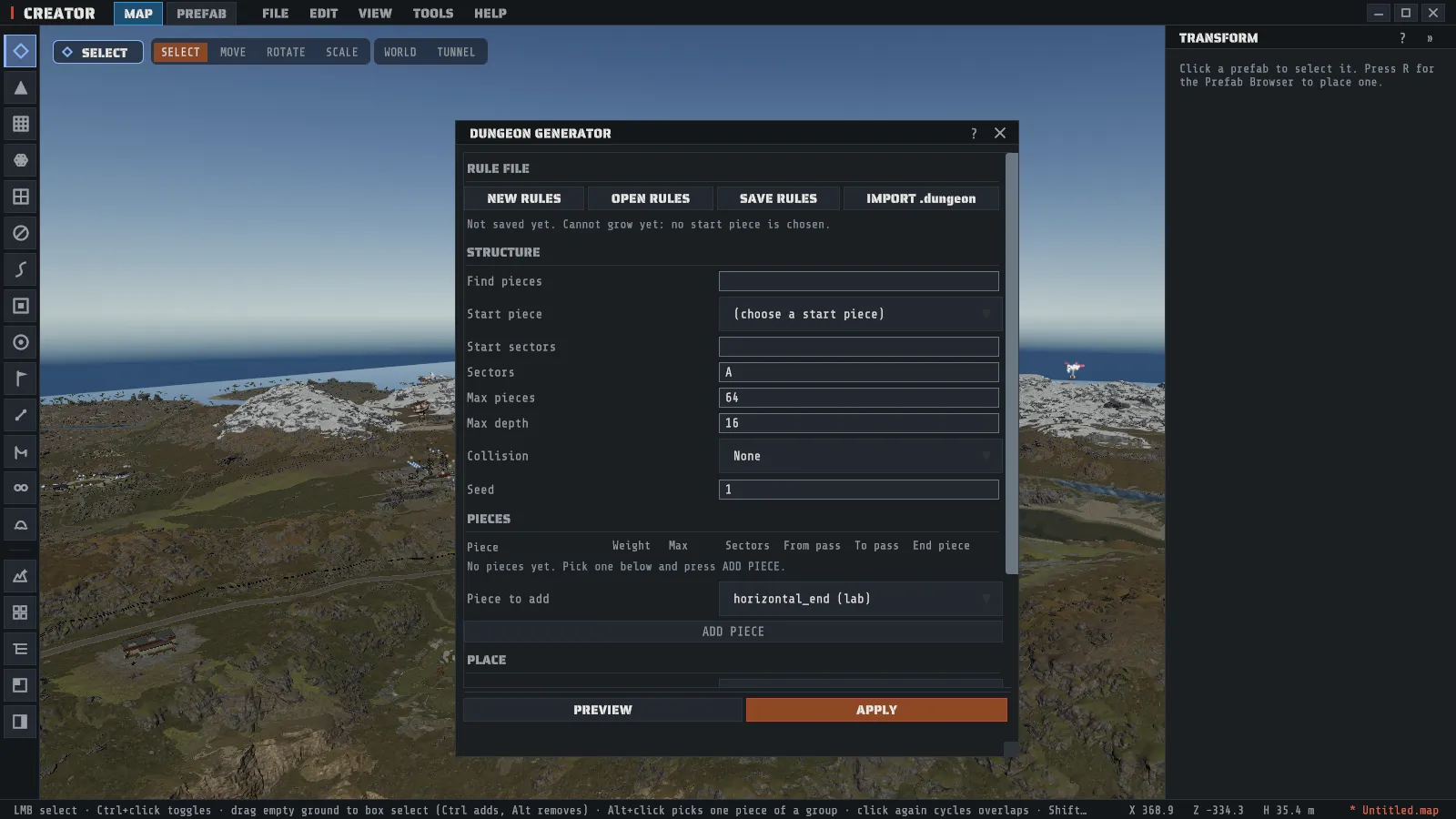The DUNGEON GENERATOR window opened from TOOLS over the map, with a new rule file: the rule file buttons, the structure settings and the piece table