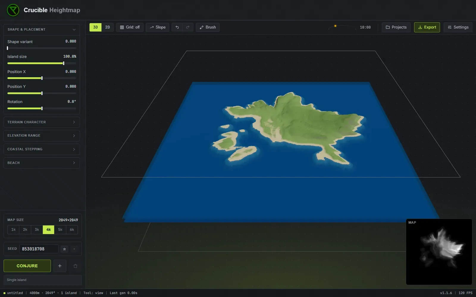 The Crucible Heightmap app showing a generated 3D Rust island in the live preview, with the terrain sliders along the left and the toolbar across the top