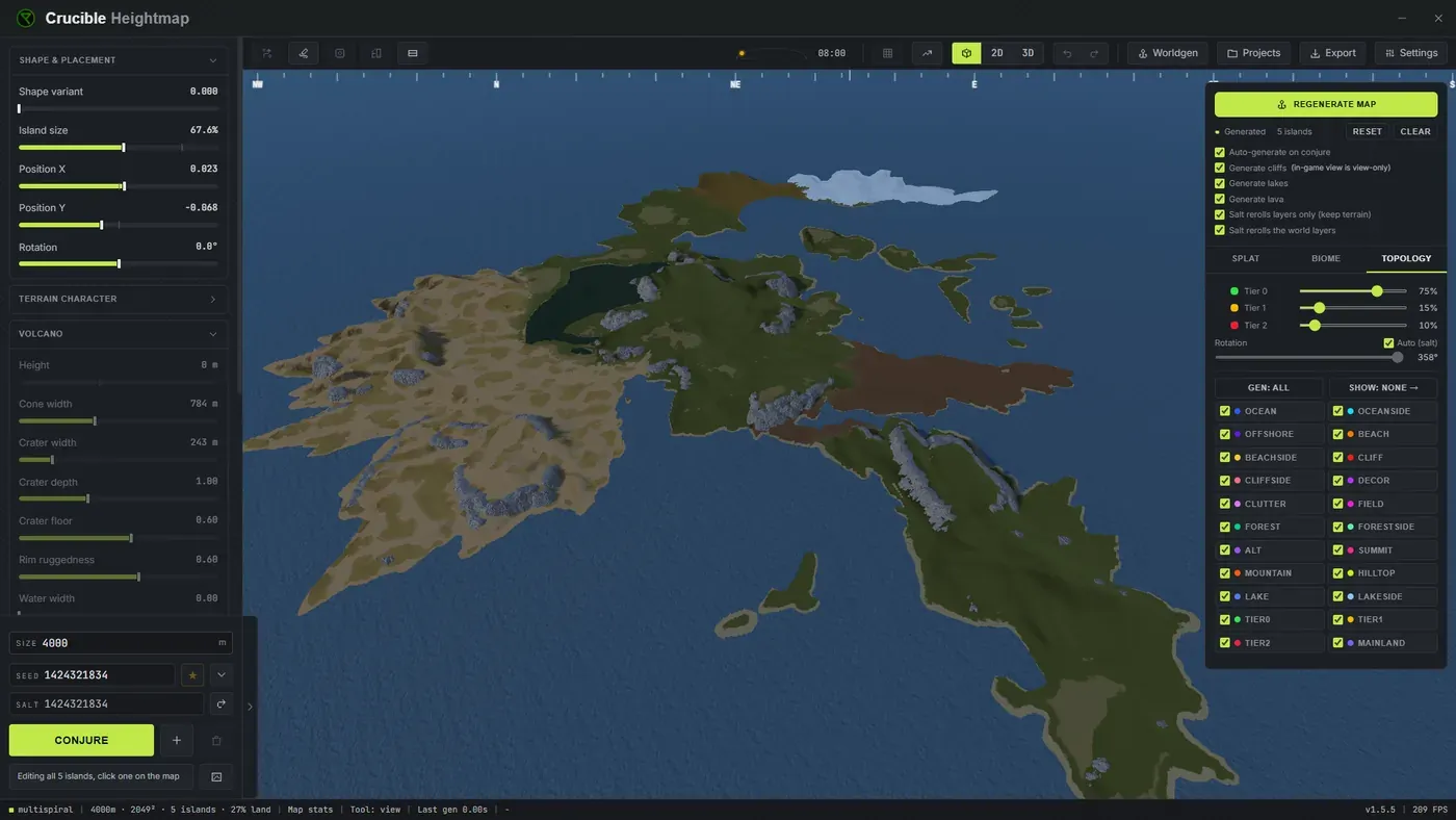 The Crucible Heightmap app showing a generated multi-island Rust map in the live 3D preview, with the terrain sliders down the left, the toolbar across the top, and the Worldgen panel open on the right listing the topology layers