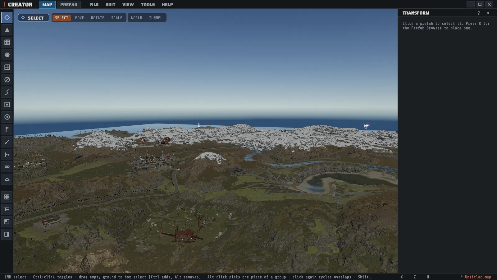 The editor on a generated map: the tool rail on the left, the inspector dock on the right, the status bar along the bottom