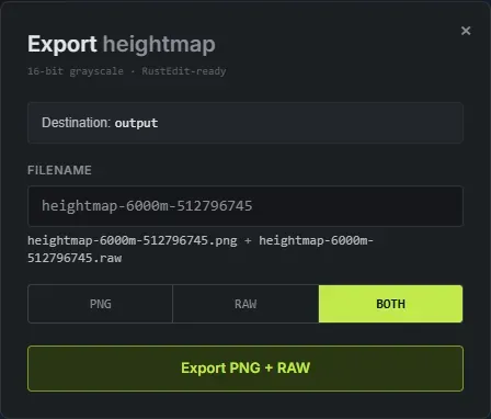 The Crucible Heightmap export dialog, with a filename field and PNG, RAW and Both format options for a 16-bit RustEdit-ready heightmap