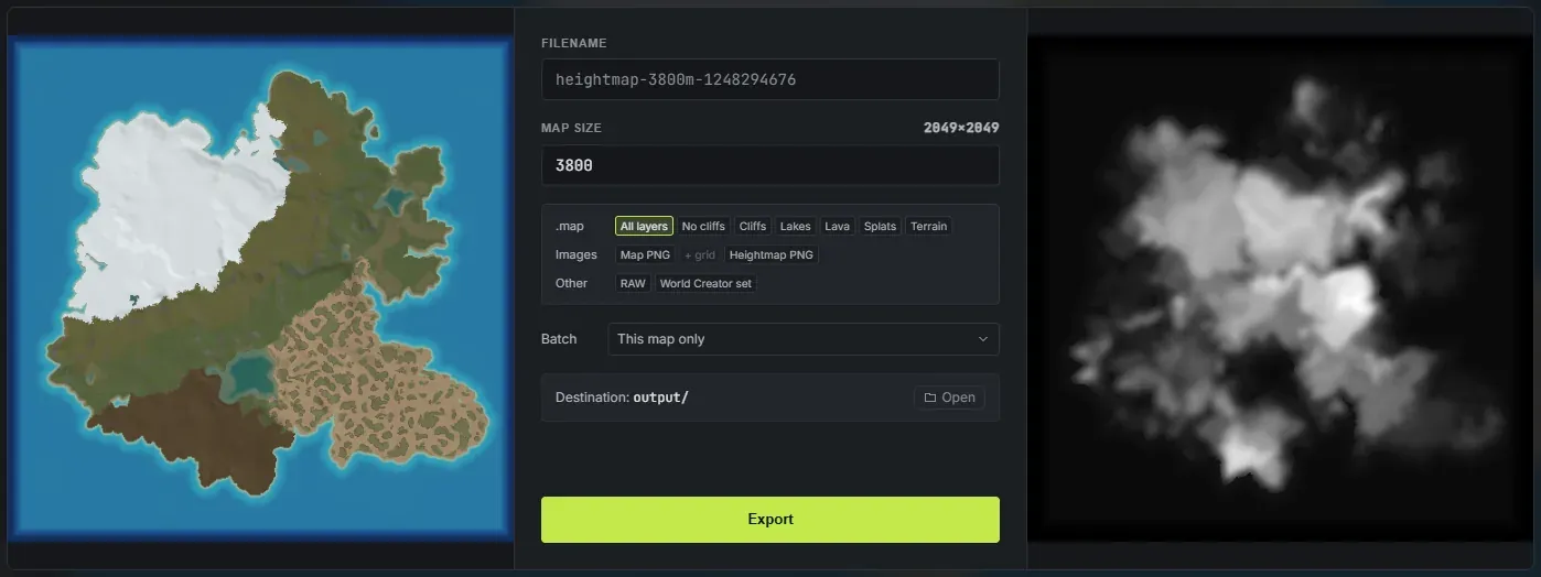 The Crucible Heightmap export panel, showing the .map, Images and Other output rows, the map size field, the batch dropdown and the map and heightmap previews