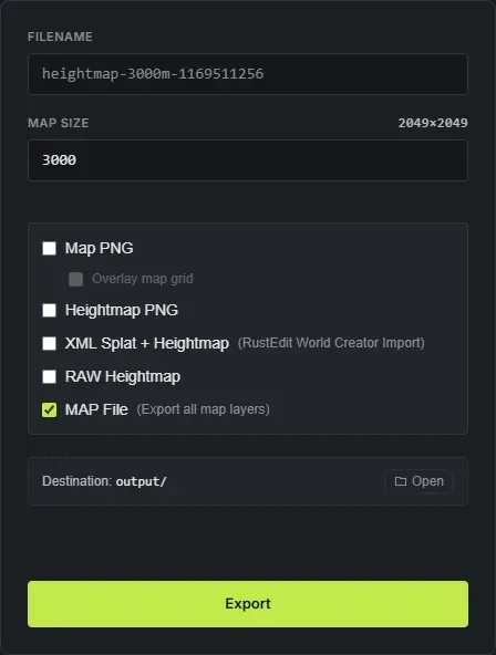 The Crucible Heightmap export panel with the MAP File option checked, which writes a single Rust .map file that opens directly in RustEdit