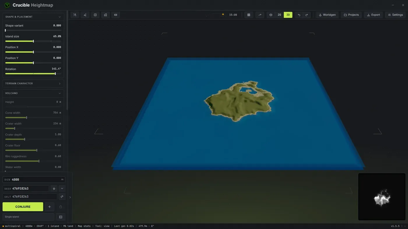 Crucible Heightmap open on a freshly generated 3D Rust island, with the terrain sliders on the left and the generation controls along the bottom of the sidebar