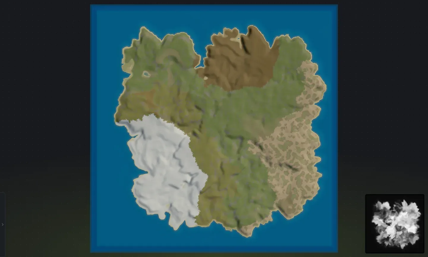 A full multi-island Rust map generated in Crucible Heightmap, shown in the 3D preview as a map-filling continent with bays and peninsulas