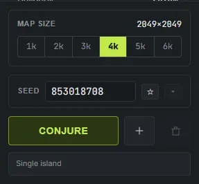 Crucible Heightmap generation controls: the map size selector, the seed field with save and gallery buttons, and the Conjure and Add island buttons