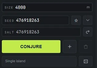Crucible Heightmap generation controls: the map size box, the seed field with its save and gallery buttons, the salt field with its reroll button, and the Conjure, Add island and Delete island buttons