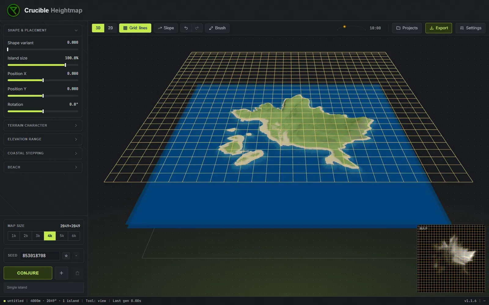 The grid overlay in Crucible Heightmap showing Rust map cells projected over the 3D terrain