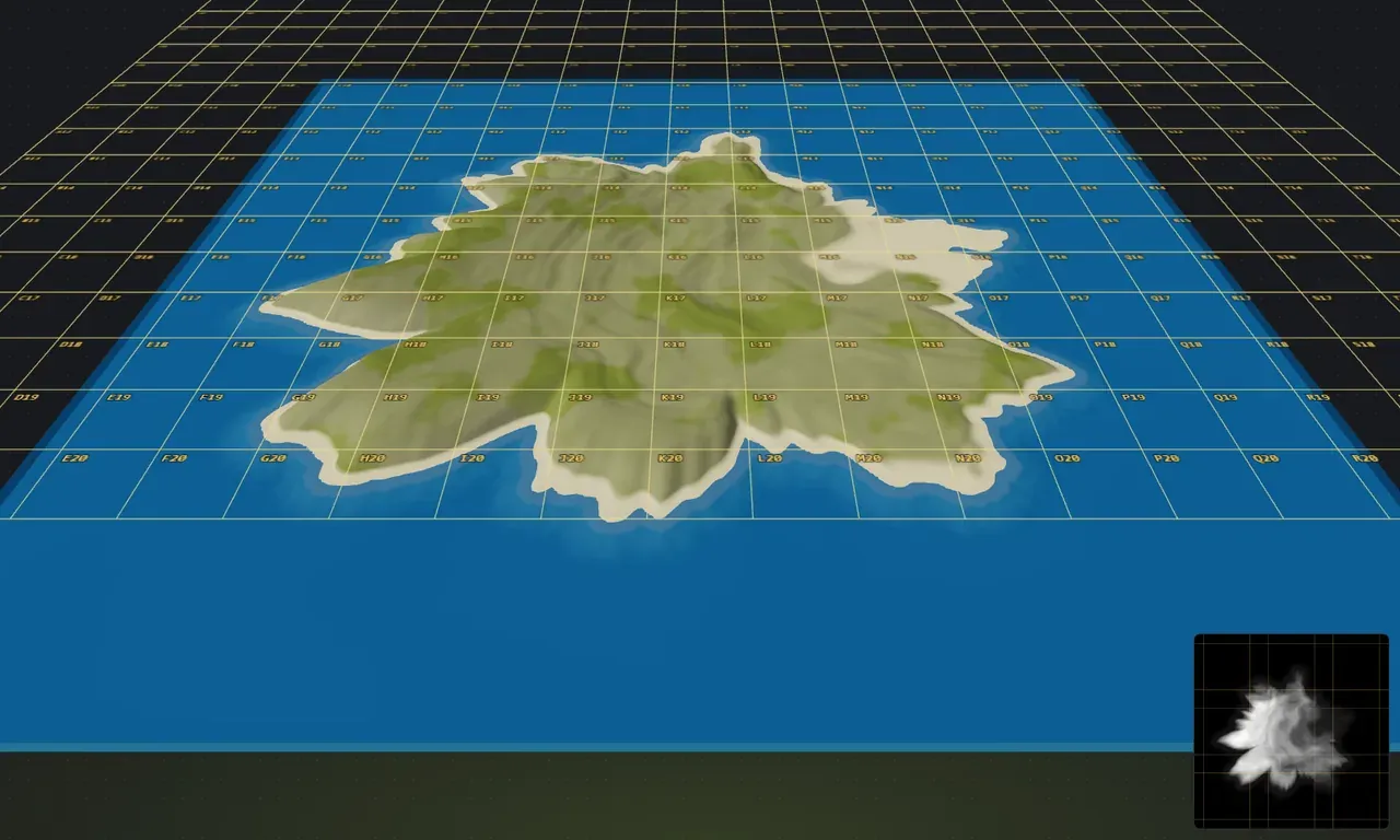 The grid overlay in Crucible Heightmap showing Rust map cells projected over the 3D terrain