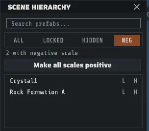 The Scene Hierarchy on its NEG filter: the two negatively scaled prefabs this map carries, the count beside them, and the Make all scales positive batch fix the segment offers
