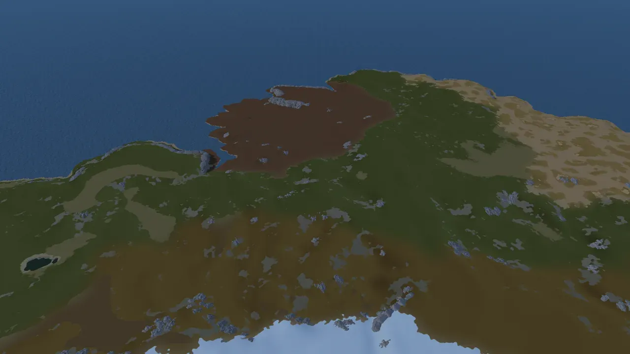 A custom Rust map in the in-game 3D view of Crucible Heightmap, seen from the air with real Rust ground textures, rock formations, snow and ocean