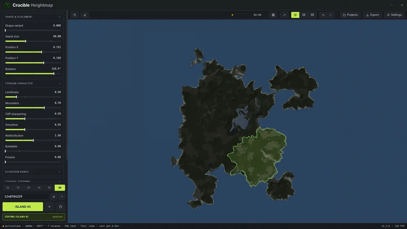 A Crucible Heightmap island in the in-game 3D view, shown from above with Rust ground textures, water and sky for a preview of how the map looks in game