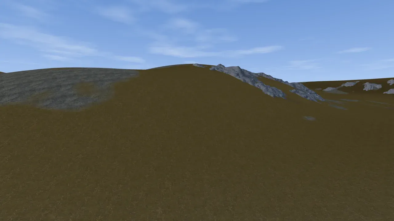 A low pass over a custom Rust map in the in-game view, showing real Rust rock formations scattered across grass with the coastline beyond