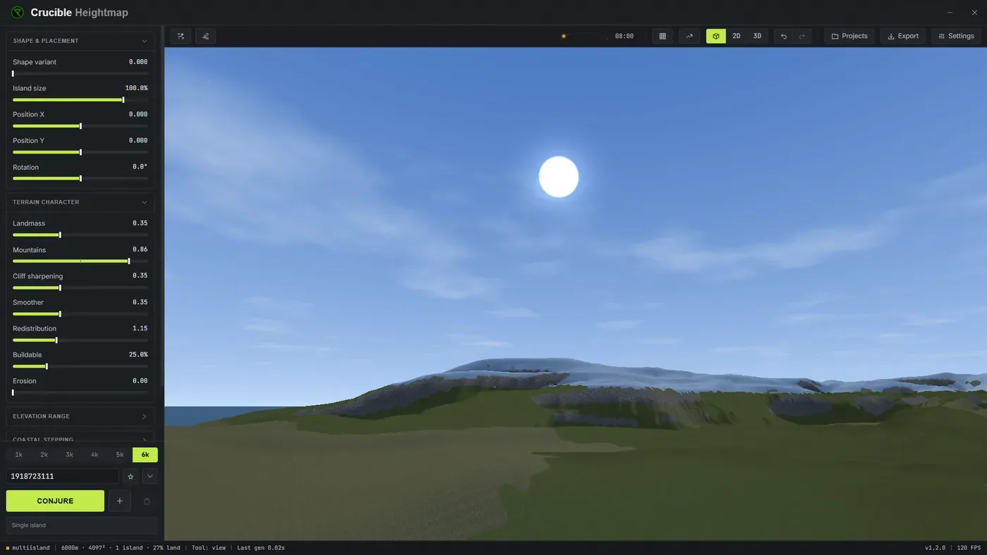 A ground-level player's-eye view across a Crucible Heightmap island in the in-game view, looking over grassy hills toward distant mountains under a Rust sky