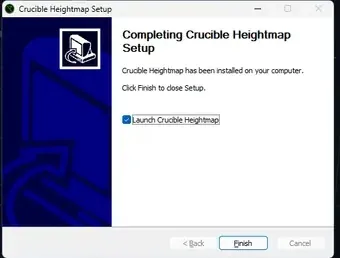 The Crucible Heightmap installer completion screen, ready to launch the app