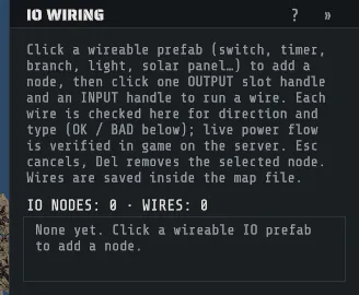The IO Wiring inspector before a wire exists: the wiring grammar, the IO NODES and WIRES counts, and the node list