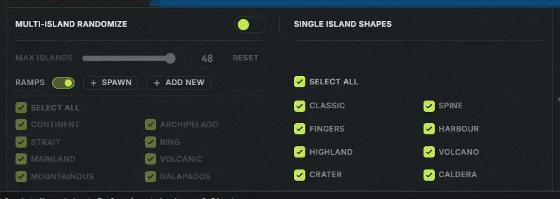 The Crucible Heightmap island randomizer drawer with Multi-island randomize, Max islands, the Ramps switch with + Spawn and + Add new, the map styles and the single island shapes