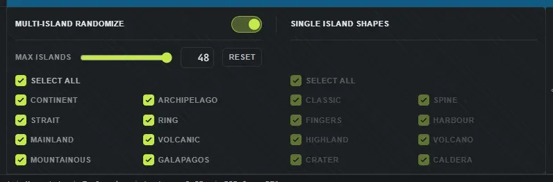 The island randomizer drawer in Crucible Heightmap, showing the multi-island map styles on the left and the eight single island shapes on the right, including Volcano, Crater and Caldera