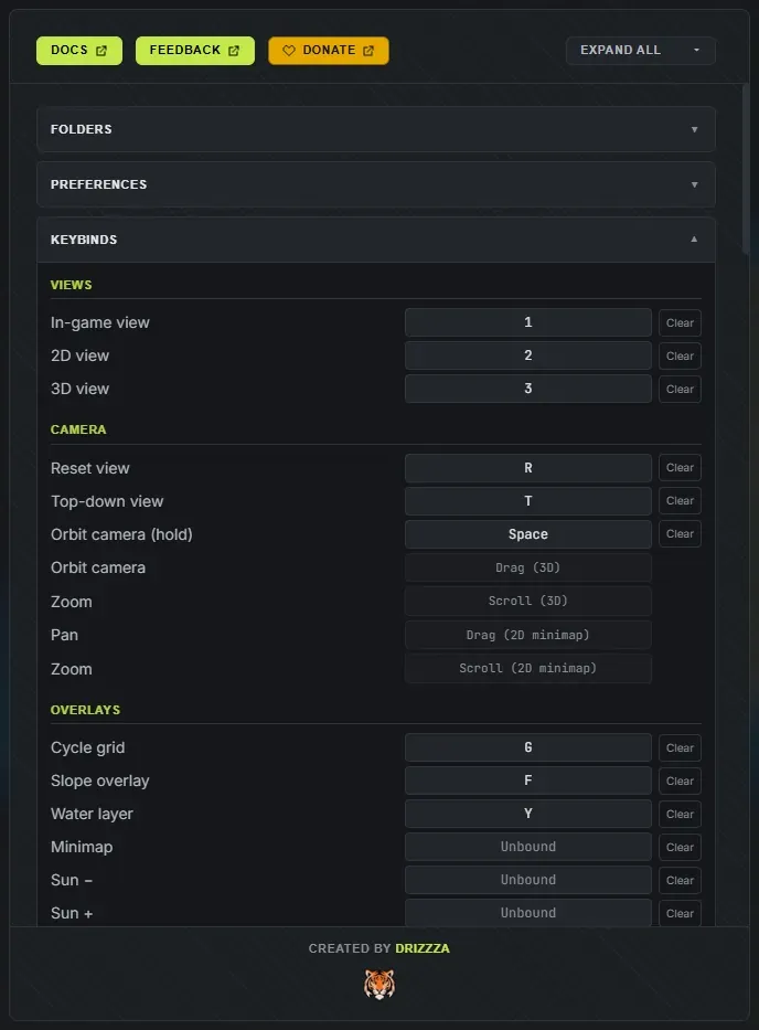 The Keybinds editor in Crucible Heightmap Settings: every action listed with its assigned key and a Clear button, ready to rebind