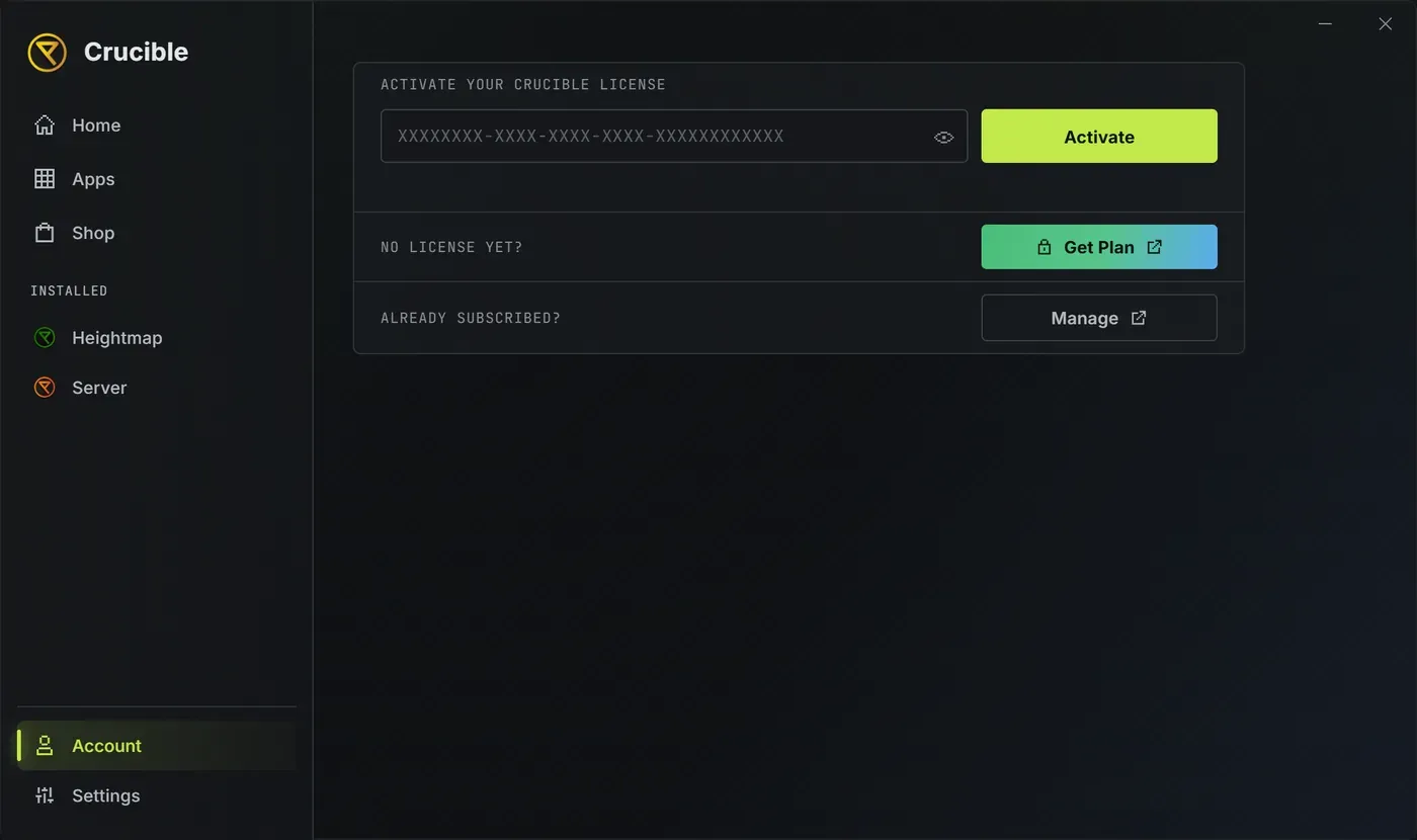 The Crucible launcher Account panel with a field to activate a license key