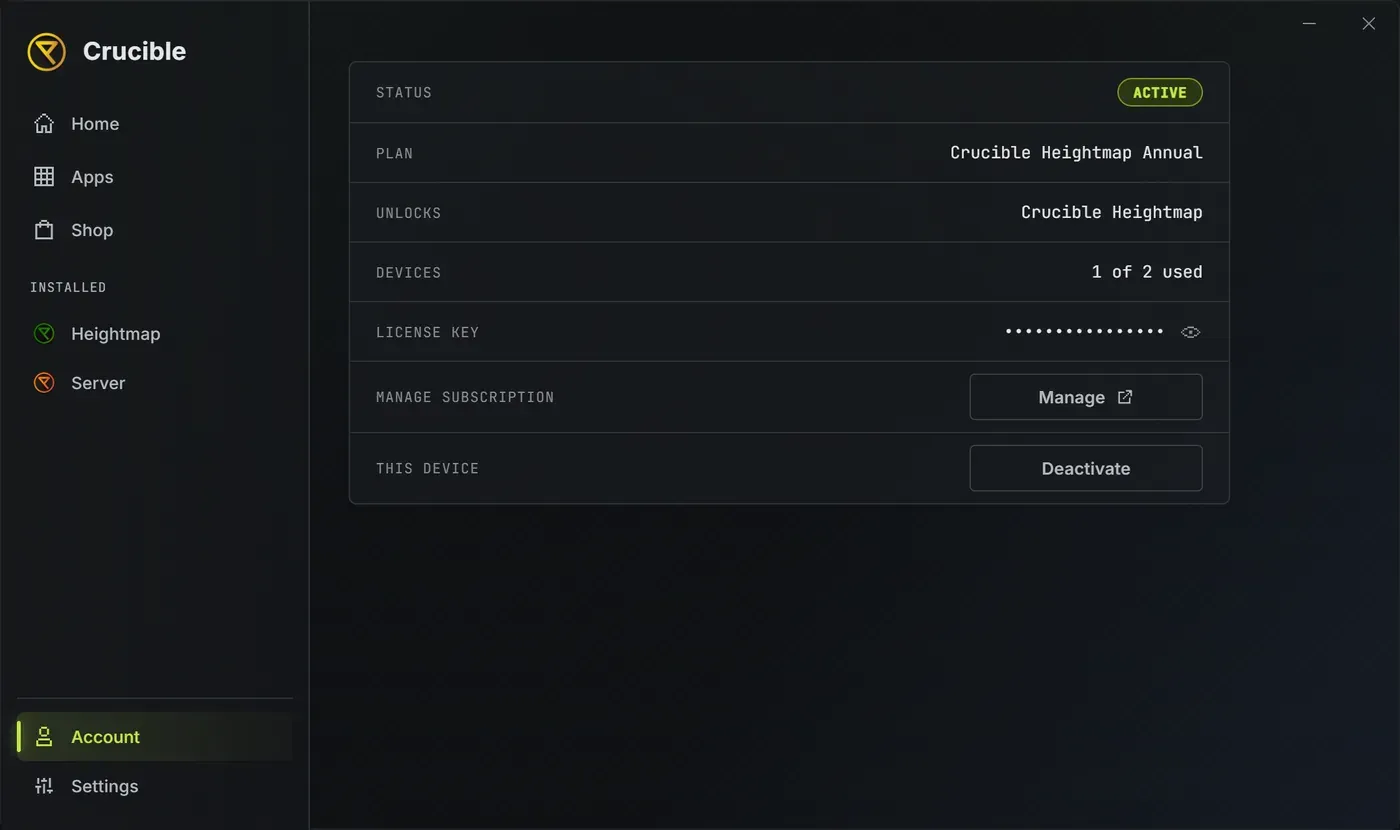 The Crucible launcher Account panel showing an active annual subscription: status, plan, what it unlocks, 1 of 2 devices used, the expiry and renewal dates, a hidden license key with a reveal button, and buttons to switch to monthly, cancel, open the billing portal and deactivate this device
