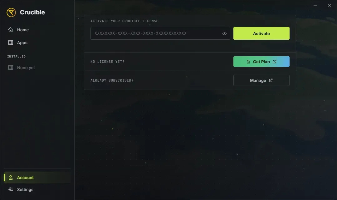 The Crucible launcher Account panel with a license key field and Activate button, plus Get Plan and Manage buttons for an existing subscription