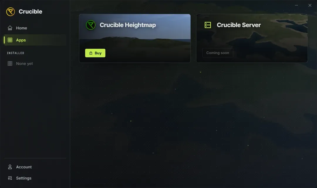 The Crucible launcher Apps library showing two app tiles: Crucible Heightmap with a Buy button and Crucible Local Server marked coming soon