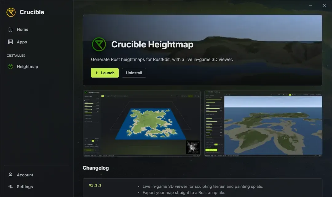 The Crucible Heightmap detail page in the launcher, with the app banner, Launch and Uninstall buttons, a screenshot gallery, and the changelog