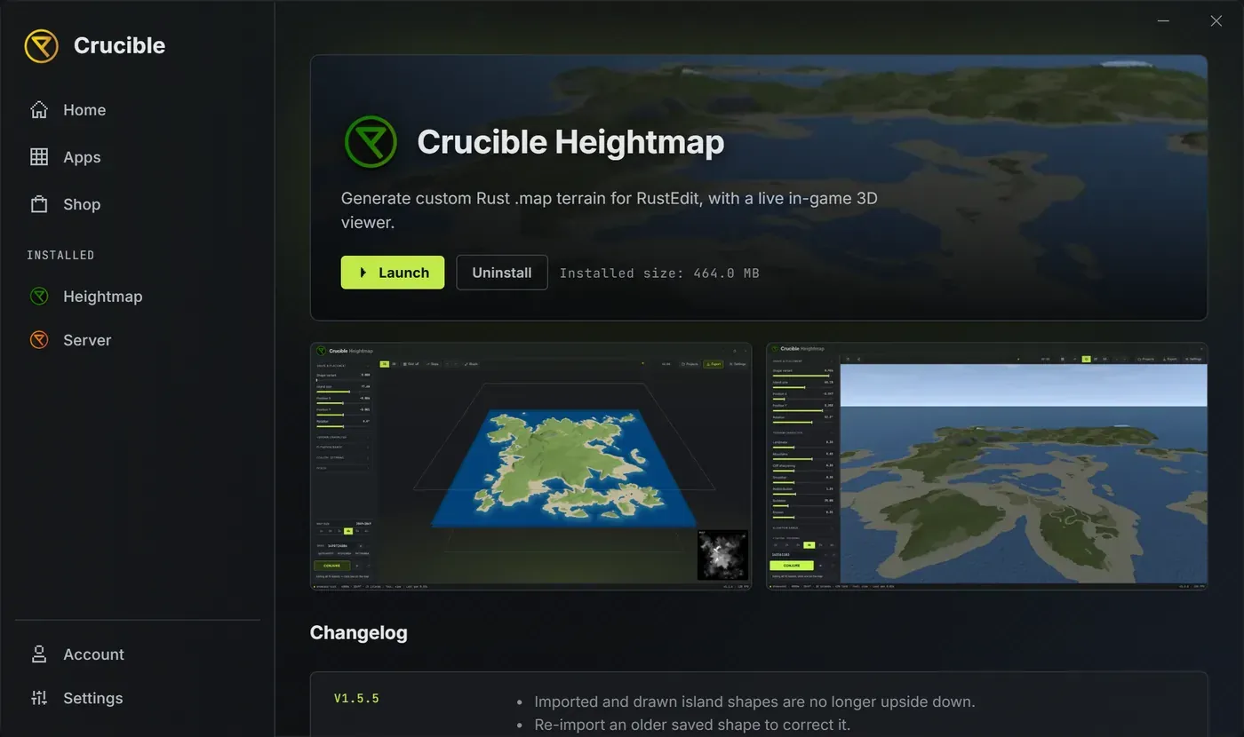 The Crucible Heightmap detail page in the launcher, with the app banner, Launch and Uninstall buttons, a two-shot screenshot gallery, and the changelog listing each version's changes
