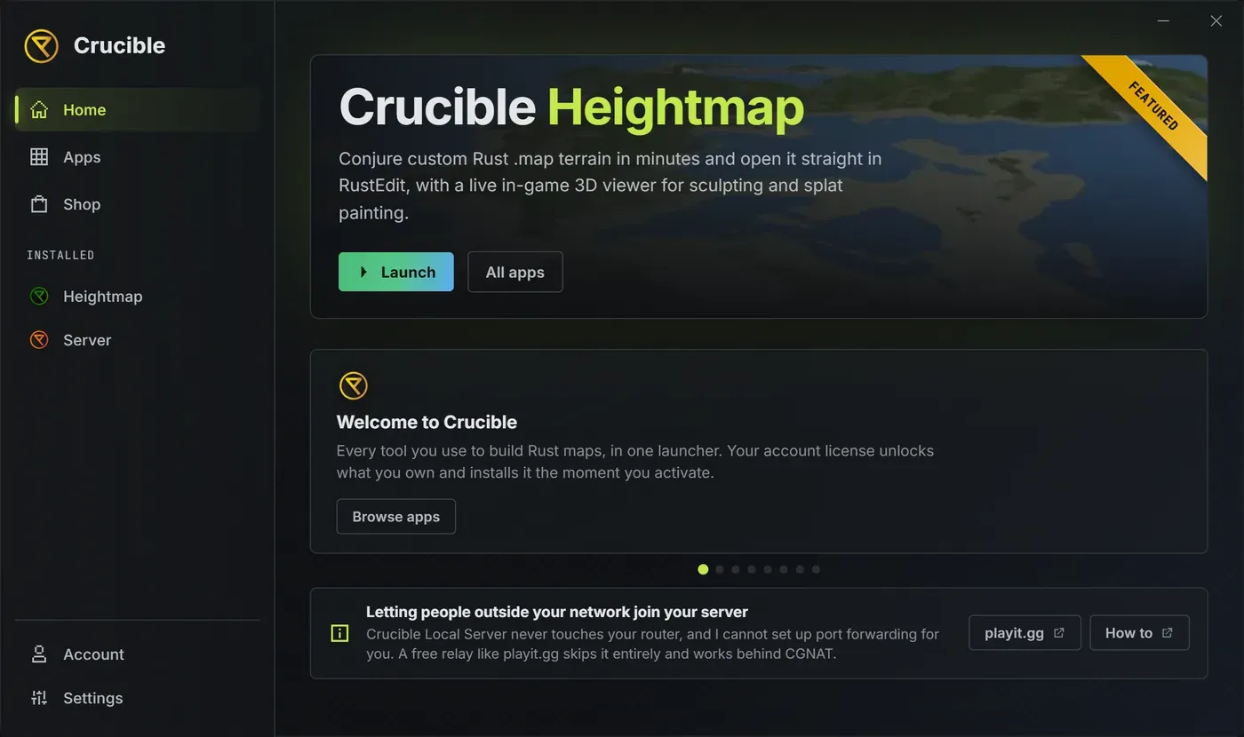 The Crucible launcher home view: the gold Crucible brand over a left nav rail with Home, Apps, Account and Settings, and a featured Crucible Heightmap banner with Get Plan and All apps buttons above a Welcome to Crucible note