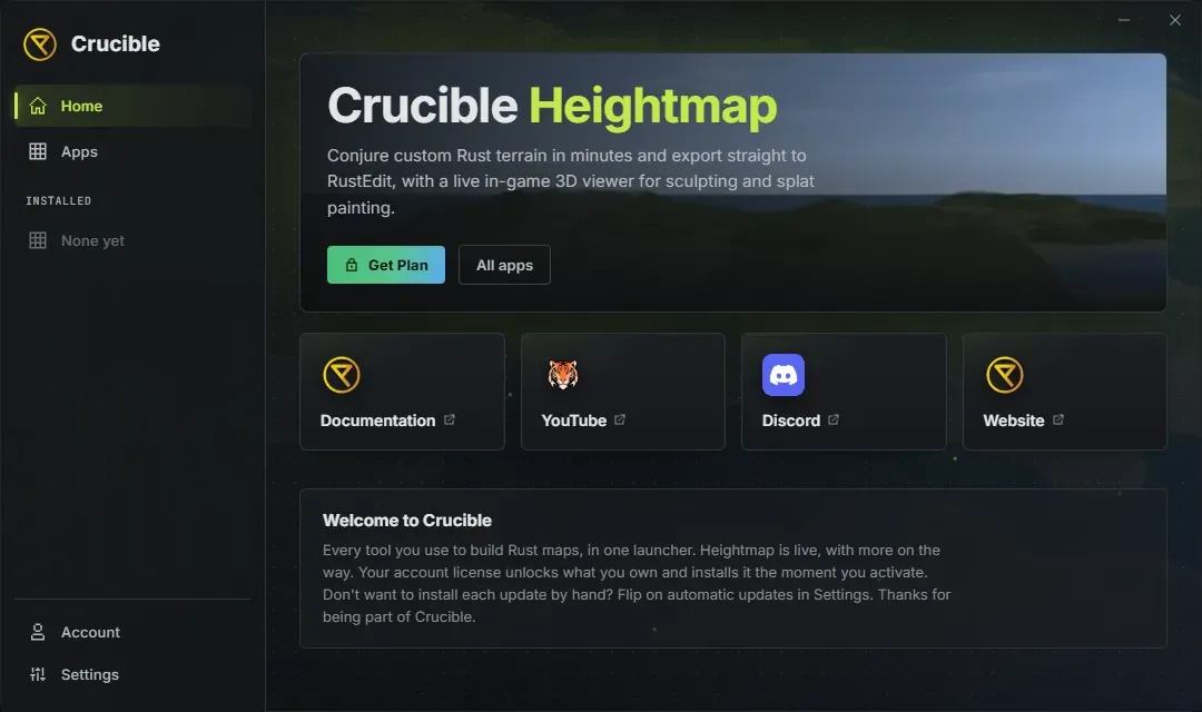 The Crucible launcher home view: a left nav rail with Home, Apps, Account and Settings, a featured Crucible Heightmap banner, and quick links to documentation, YouTube, Discord and the website