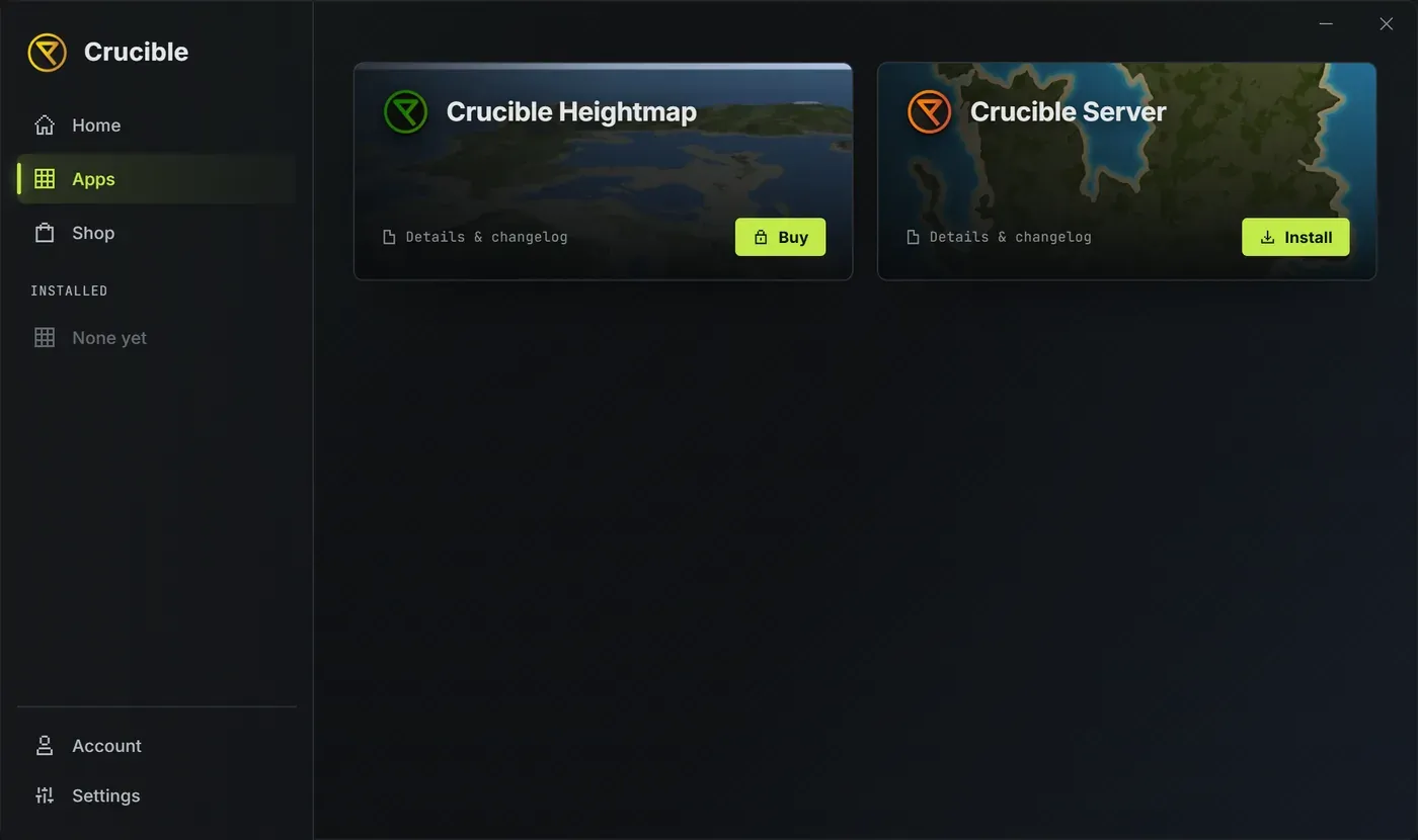 The Crucible launcher Apps view showing the Crucible Local Server tile with an Install button
