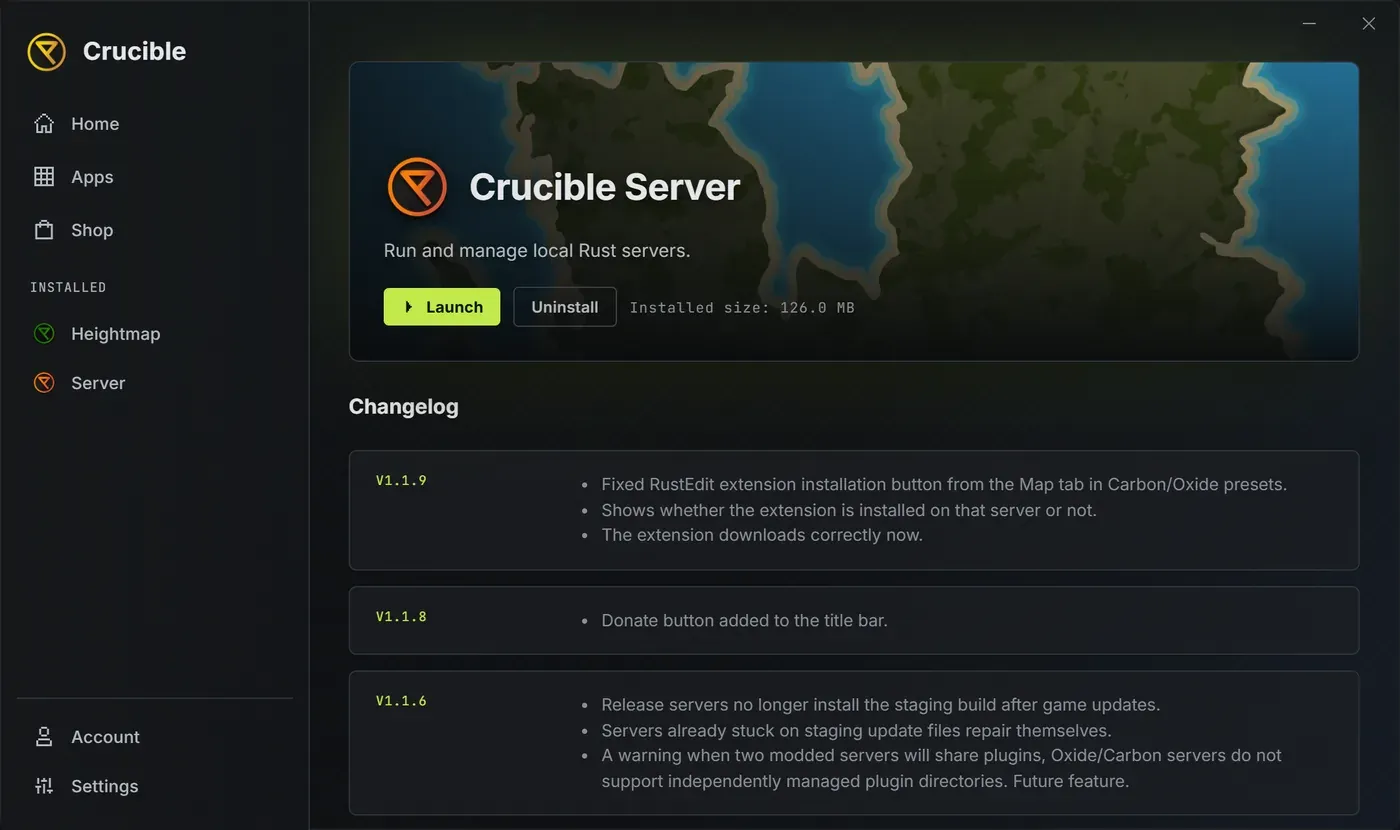 The Crucible launcher Crucible Local Server detail page with install and update controls