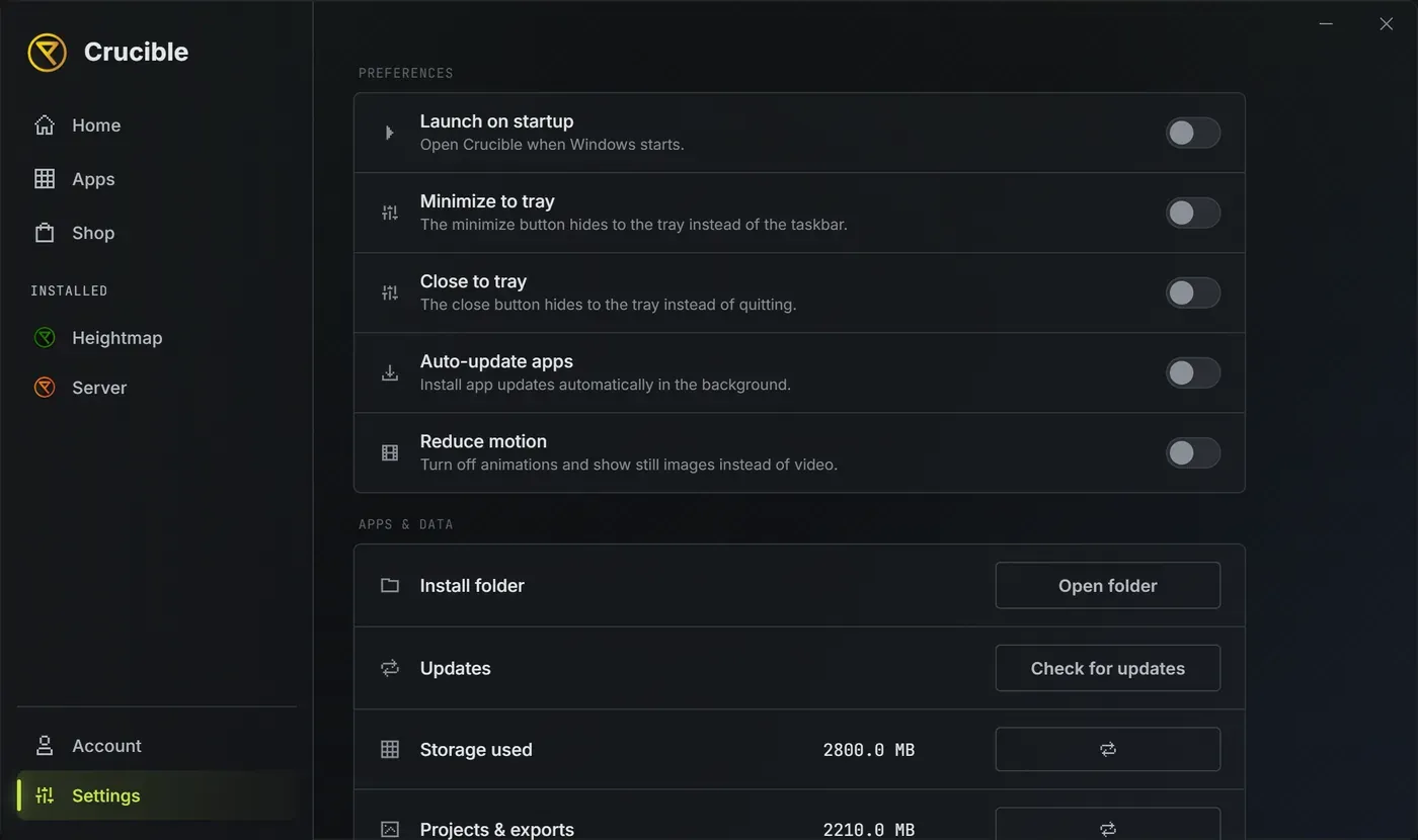 The Crucible launcher Settings view showing the Preferences group with toggles for launch on startup, minimize to tray, close to tray and auto-update apps, above an Apps and data group with install folder, updates, storage used, projects and exports, and temp files rows