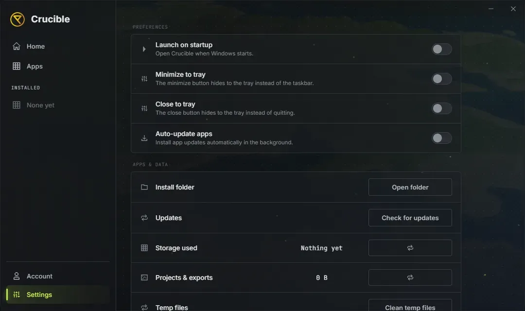 The Crucible launcher Settings view with toggles for launch on startup, minimize to tray, close to tray and auto-update apps, plus install folder, updates and storage rows
